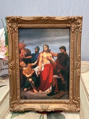 Vintage Antique Style Print Jesus 10th Station Of the Cross Ornate Plastic Frame
